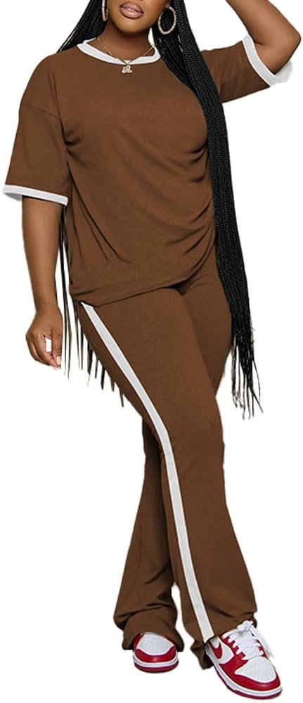 PINSV 2 Piece Sets for Women Summer Casual Short Sleeve Top and Flare Pants Lounge Sets