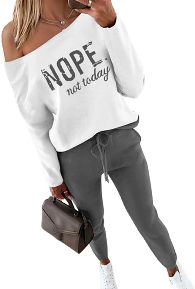 CHICME Women Tracksuit Fall 2 piece Outfits Off The Shoulder Long Sleeve Tops and Pants Set Travel Outfits
