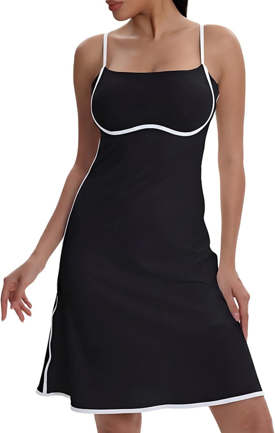 Womens Tennis Dress Black & White A-Line Athletic Dress with Built-in Shorts, Removable Padding & Side Pocket