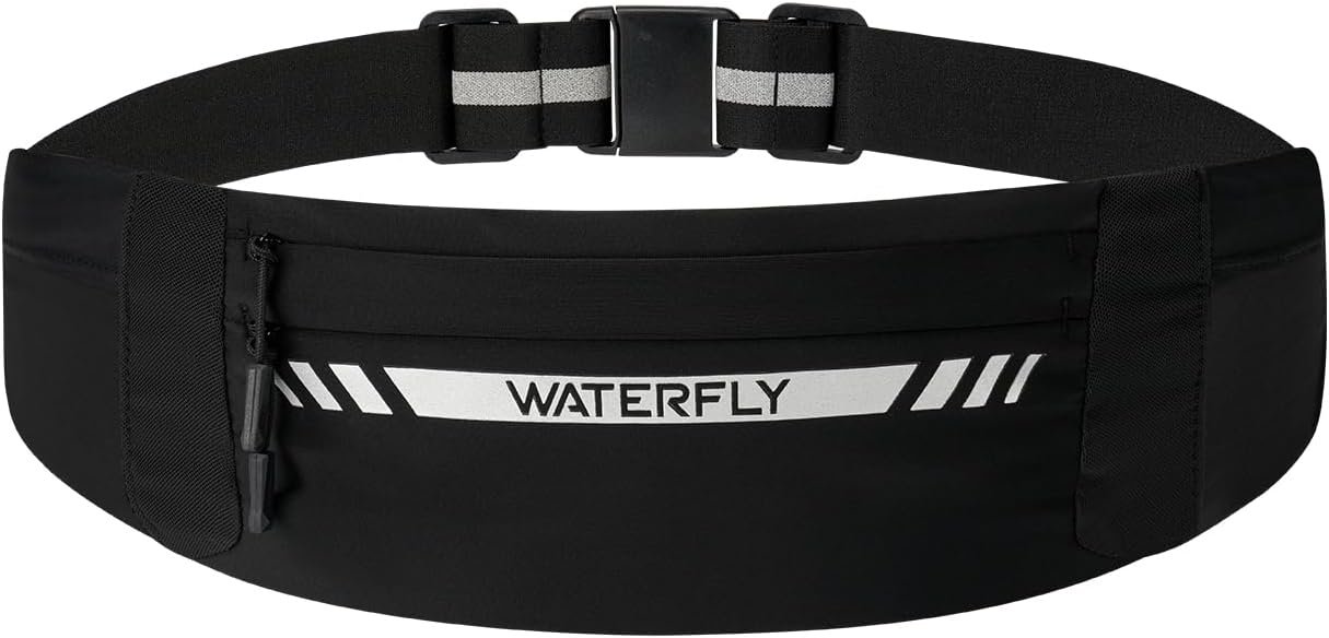 WATERFLY Running Belt Fanny Pack: Slim Breathable 4 Pocket Waist Bag for Men Women Sport Workout Exercise Fitness Phone Holder – Runner Marathon Jogging Waistband Fits ALL Phones Black
