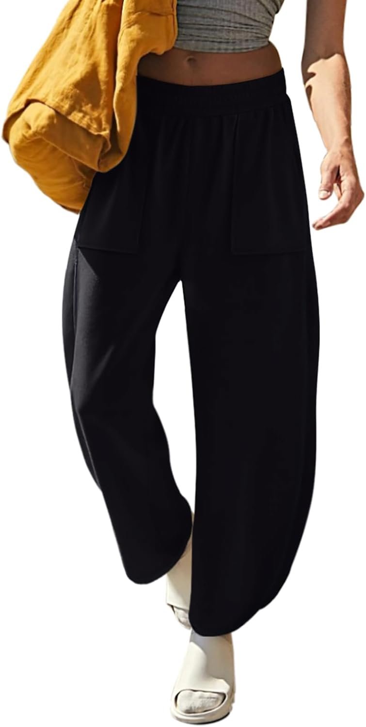 LASLULU Womens Baggy Wide Leg Sweatpants Casual Elastic High Waisted Palazzo Harem Pants with Pockets