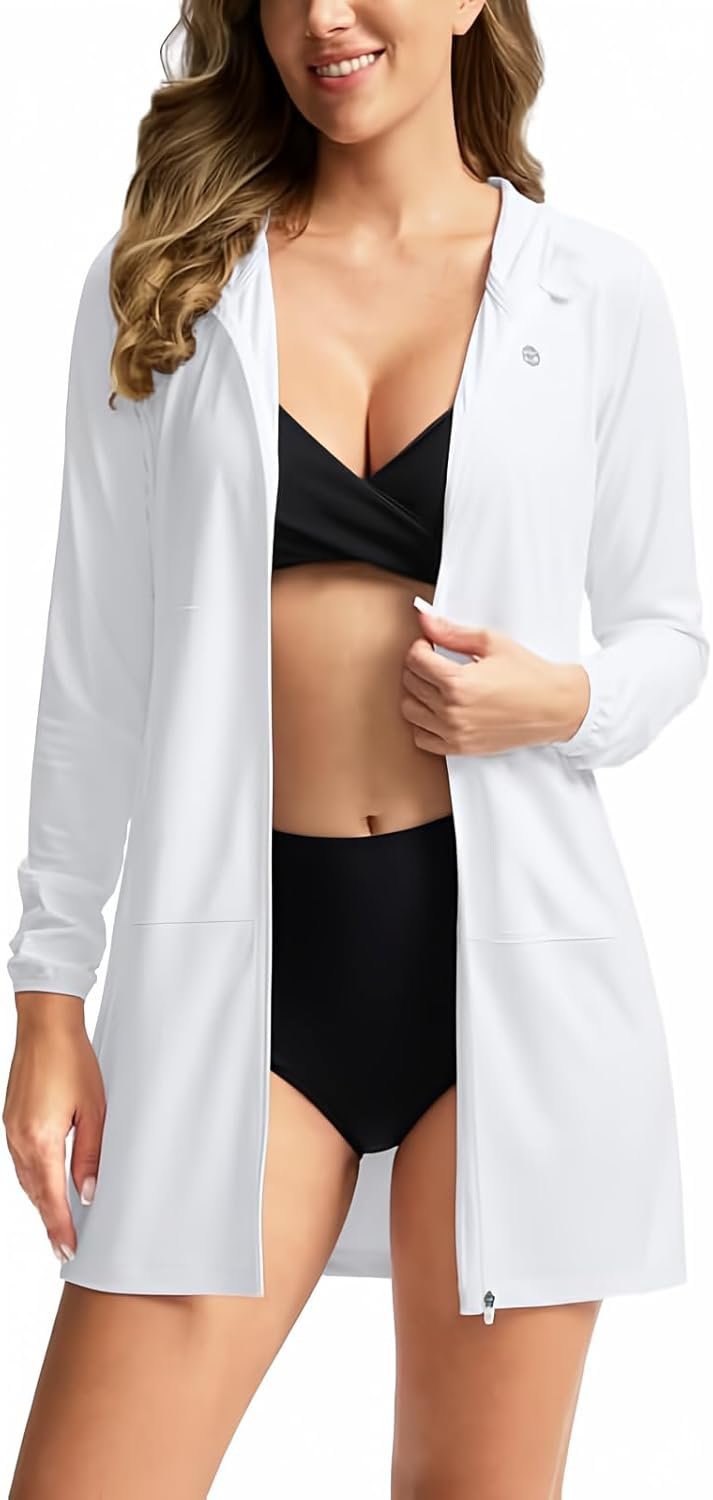 Women’s UPF 50+ Swim Cover Up Sun Protection Hoodie Long Jacket SPF Lightweight Beach Cover Ups for Women