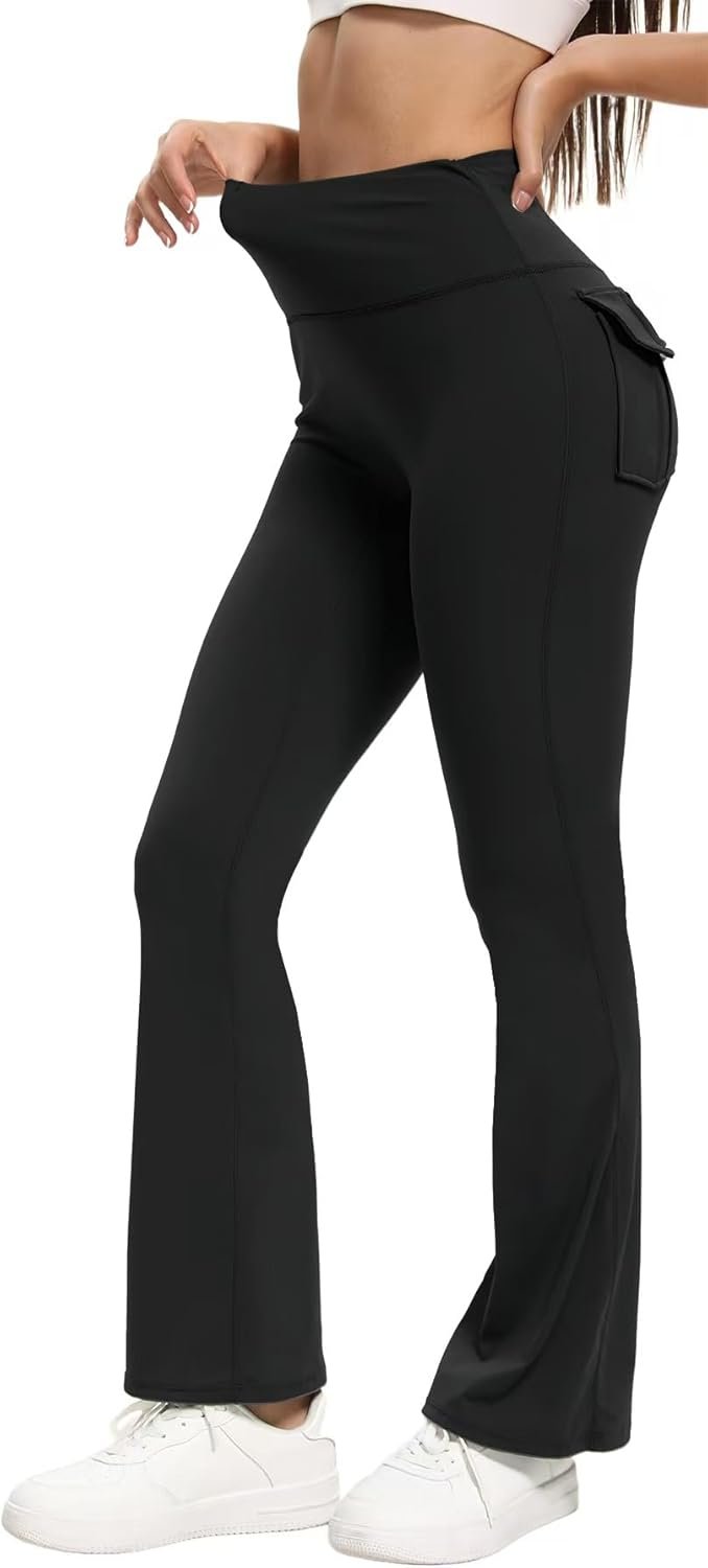 Women’s Flare Leggings with Pockets High Waisted Butt Lifting No Front Seam Tummy Control Bootcut Yoga Pants for Women