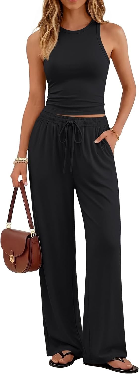 Trendy Queen Women’s 2 Piece Summer Lounge Sets Butter Soft Tank Top & High Waisted Wide Leg Pants with Pockets