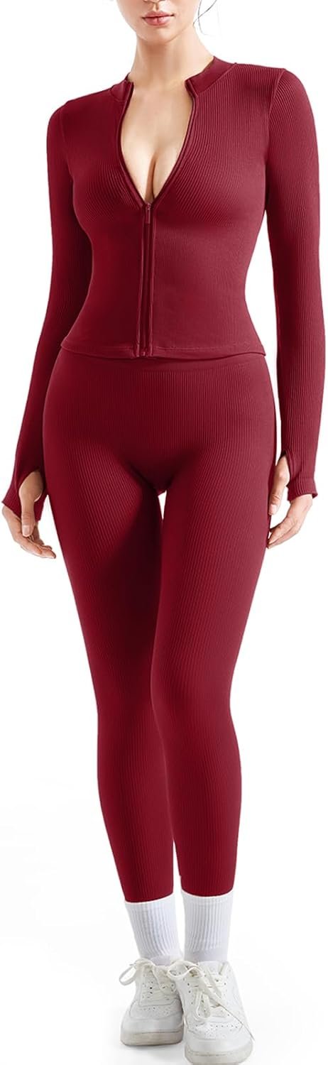 SUUKSESS Women 2 Piece Seamless Ribbed Workout Sets With Zip Up Jacket High Waisted Gym Yoga Leggings