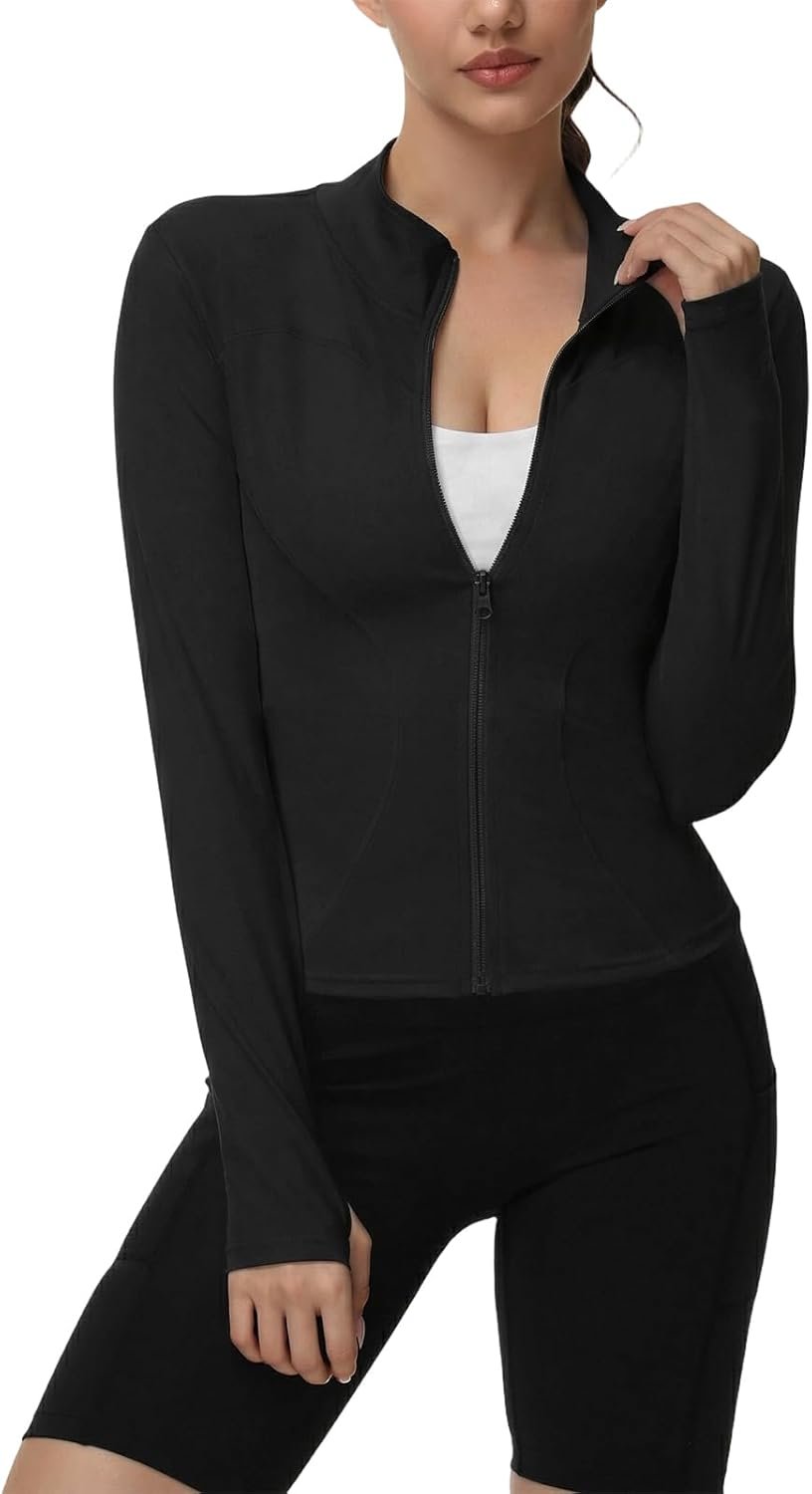 Women’s Workout Jacket Long Sleeve Jackets Sun Protection Full Zip Tops with Thumb Holes for Running Yoga Gym Hiking