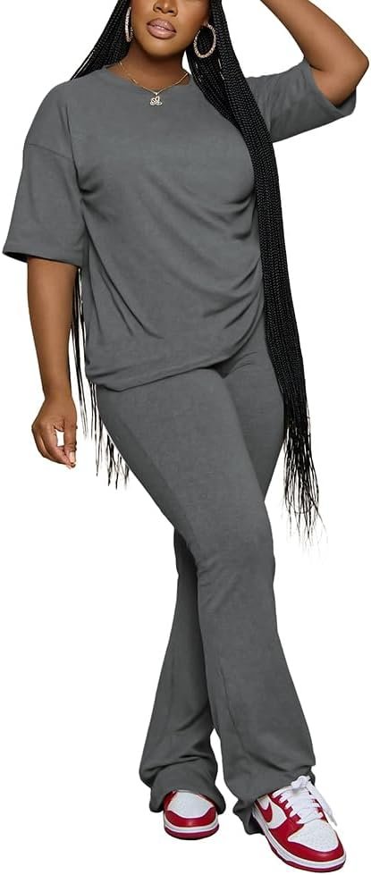 PINSV Women 2 Piece Outfits Short Sleeve Top and Flare Pants Lounge Sets Tracksuit