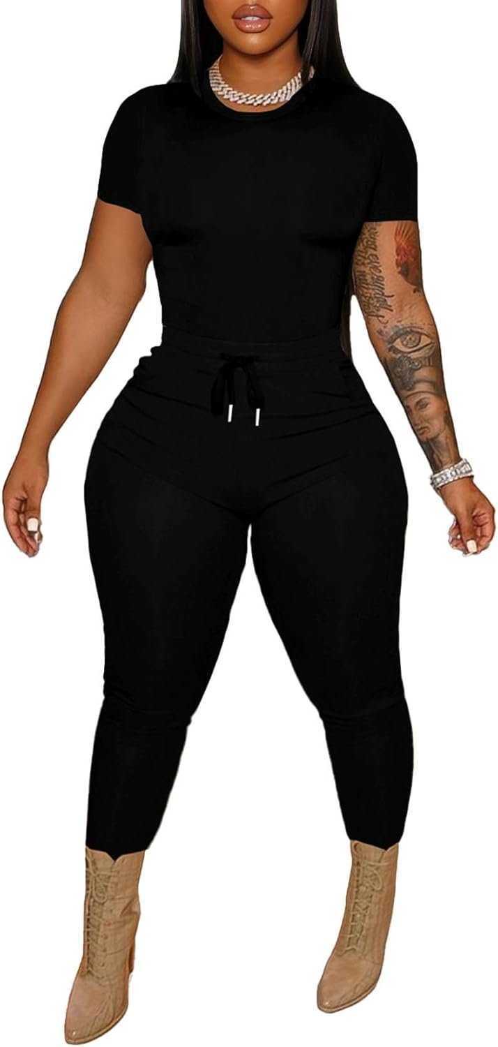 HBQ Women 2 Piece Outfits Sweatsuits Track Suits Crop Tops Biker Long Pants Workout Jogger Sets