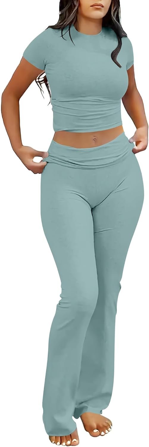 ANRABESS Lounge Sets for Women 2 Piece Foldover Yoga Flare Leggings Pants Crop Tops Casual Y2K Outfits Matching Tracksuit Set