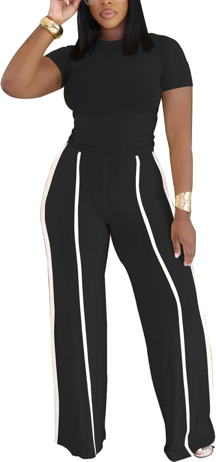 Ulovmi Women’s Two Piece Outfit Slim Fit Top Wide Leg Pants Striped Tracksuit Loungewear Casual Outfit Set