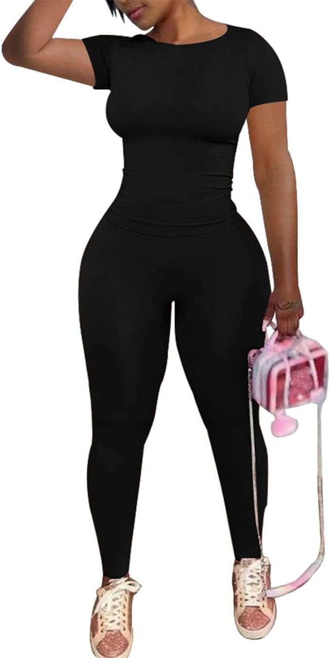 PINSV 2 Piece Sets for Women Summer Workout Sets Short Sleeve Top Jogger Legging Pants Track Suits