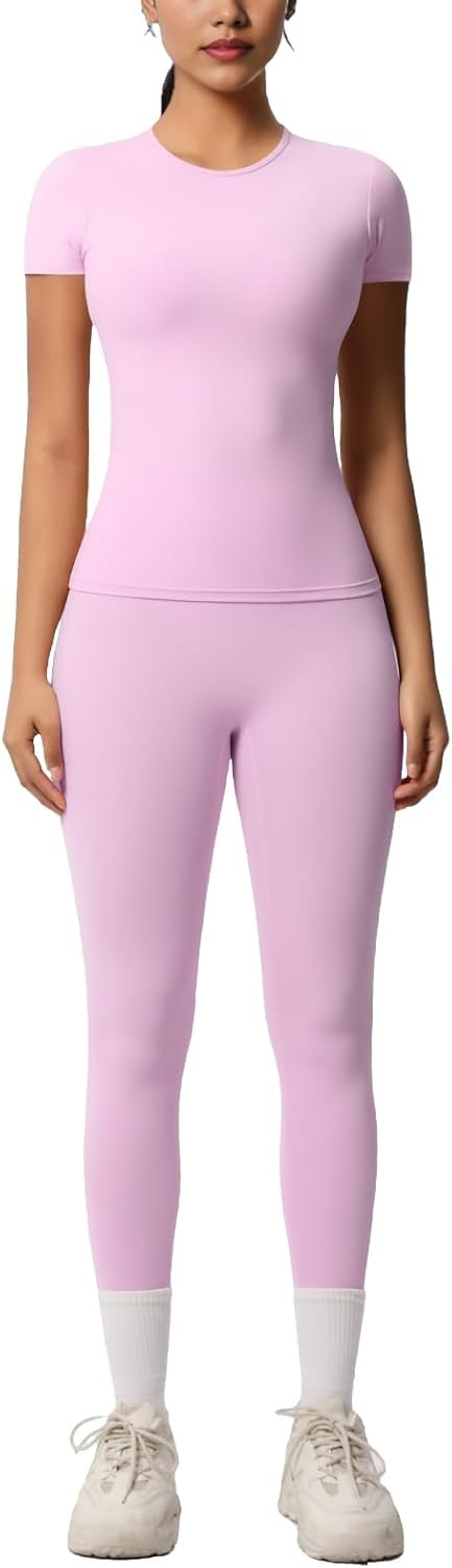 Women’s 2 Piece Workout Set – Athletic T-Shirt & High Waist Leggings – Activewear for Gym, Running & Yoga