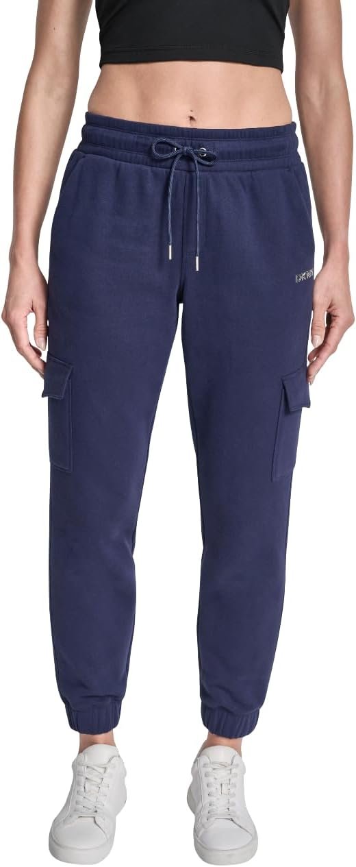 DKNY Womens Metallic Bubble Logo Slim Fit Cargo Jogger Sweatpants with Pockets