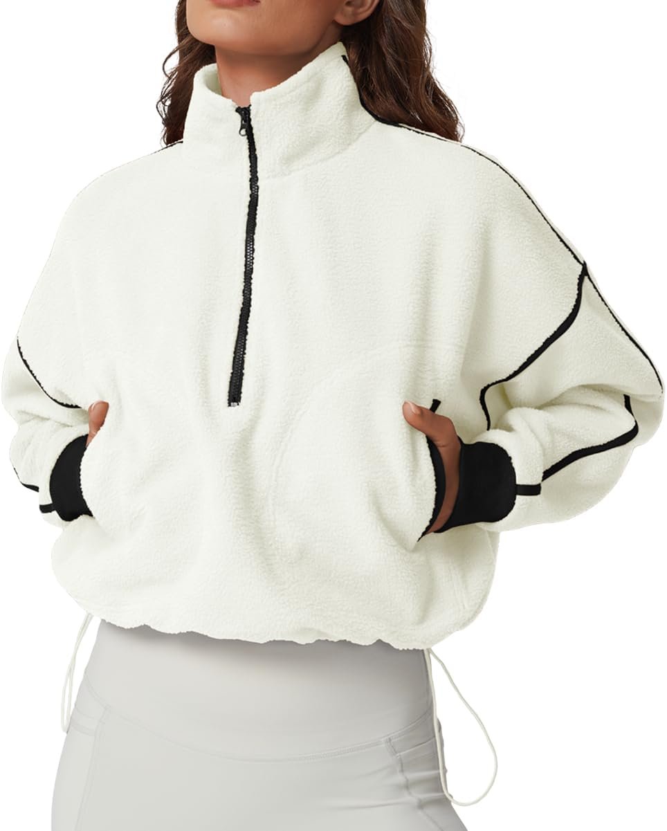 QINSEN Women’s Half Zip Fleece Short Pullover Sweatshirt Winter Long Sleeve Cozy Sherpa Sweater Top