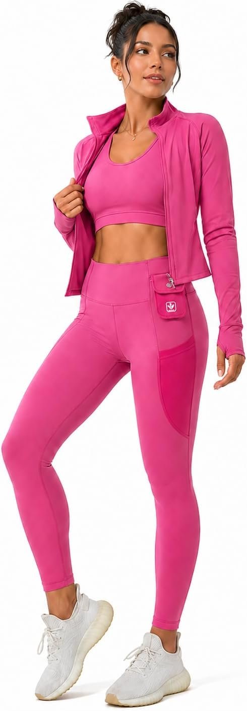 Women’s 3 Piece Workout Set with Jacket – High Waisted Seamless Leggings & Sports Bra, Sculpting Gym Outfit for Yoga
