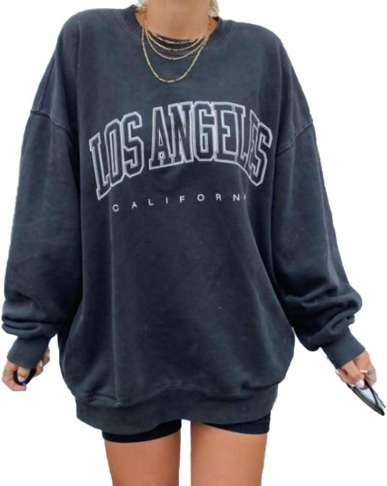 Langwyqu Women’s Oversized Sweatshirt Los Angeles California Crewneck Long Sleeve Casual Loose Pullover Tops