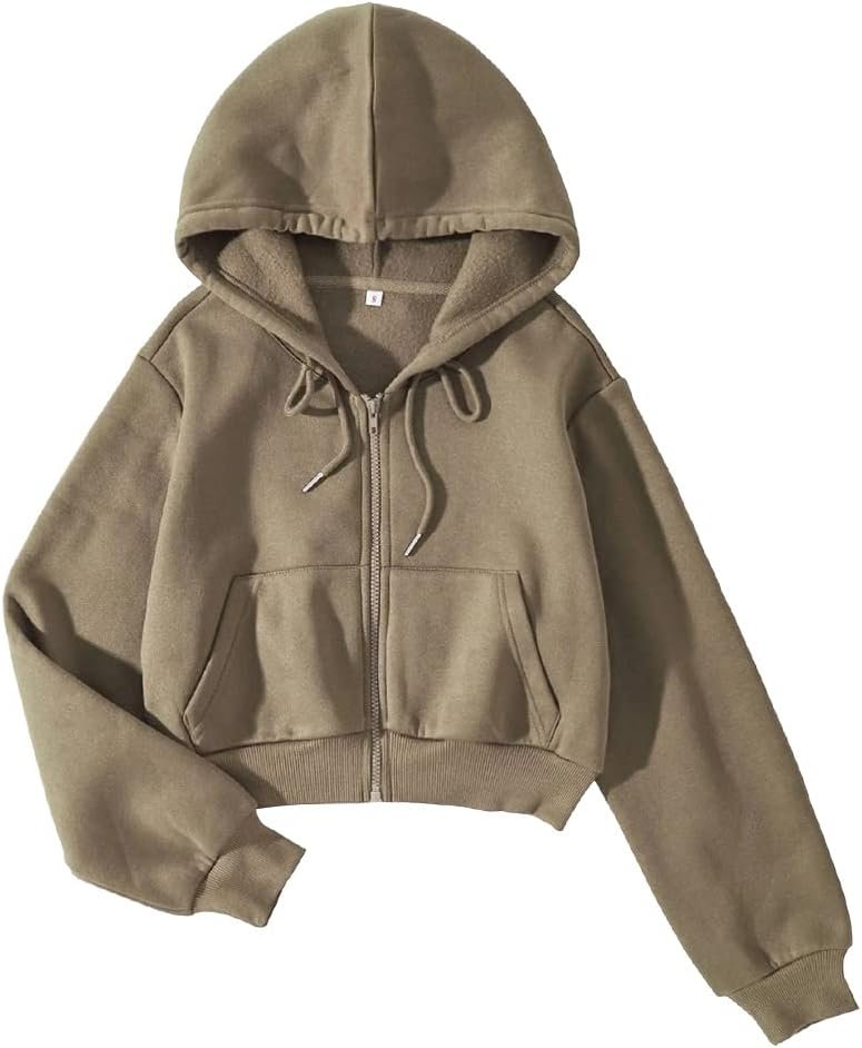 LOFAAC Women Fleece Full Zip Up Cropped Hoodie Sweatshirt 90s Long Sleeve Drawstring Hooded Crop Jacket Top with Pockets