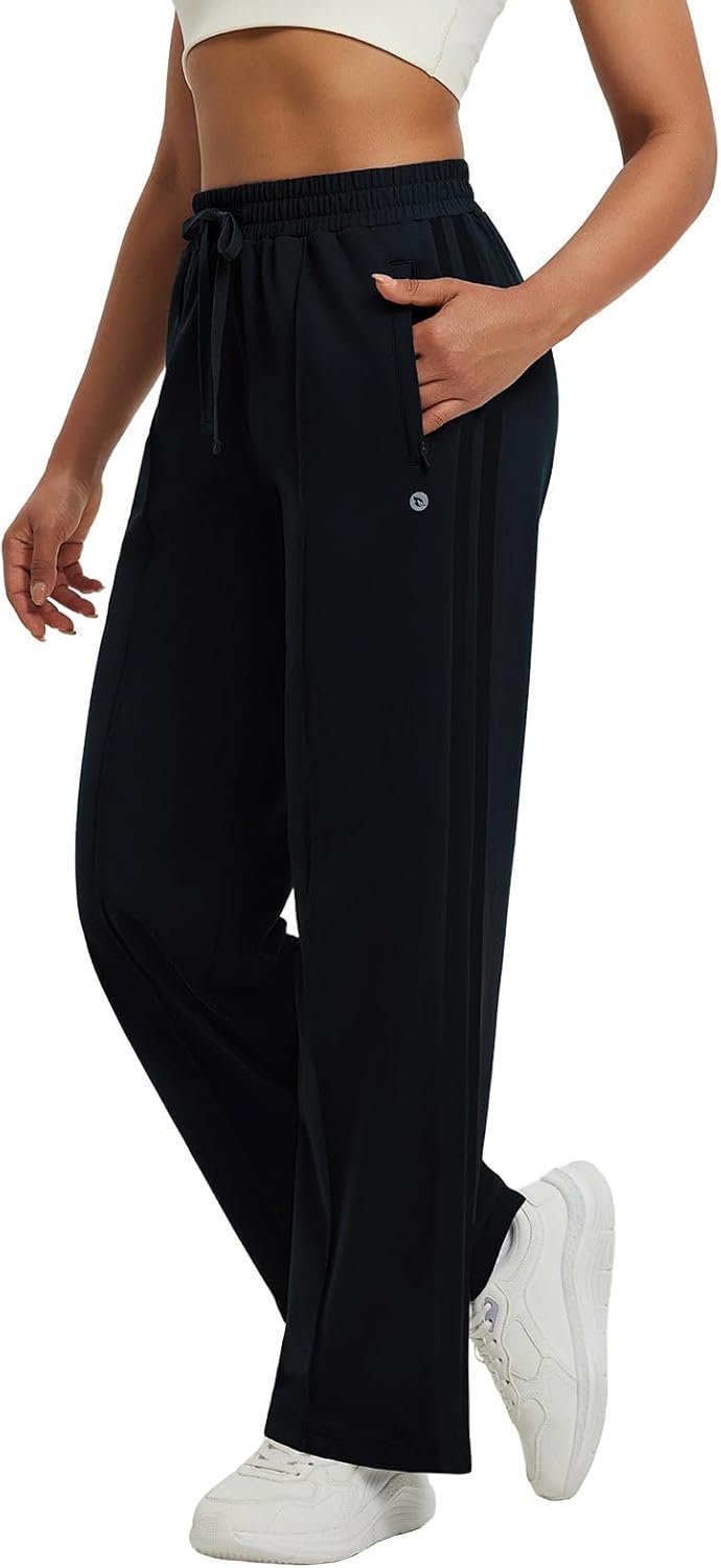 baleaf Women’s Fleece Lined Pants Wide Leg Track Pants with Zipper Pockets Loose Fit Straight Leg Pull on Pants for Winter