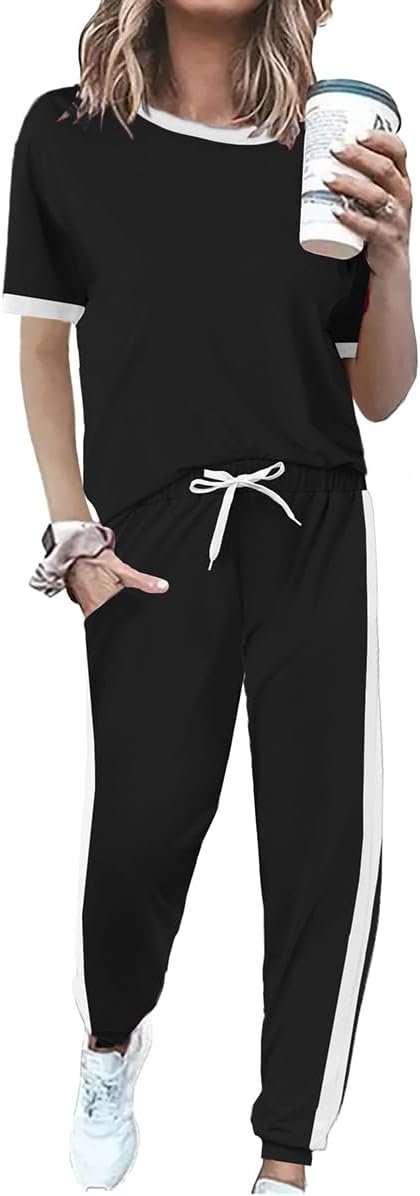 Women 2 Piece Outfits 2026 Summer Casual Sweatsuits Short Sleeve Top Lounge Sets Long Pants Tracksuits Set with Pocket