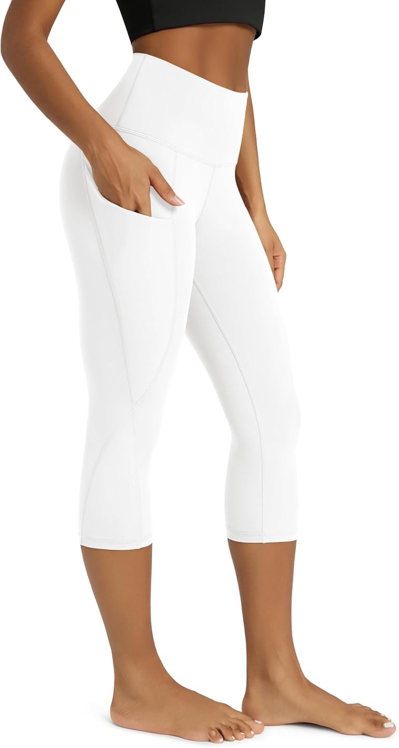 ODODOS Women’s High Waisted Yoga Capris with Pockets, Tummy Control Non See Through Workout Athletic Running Capri Leggings