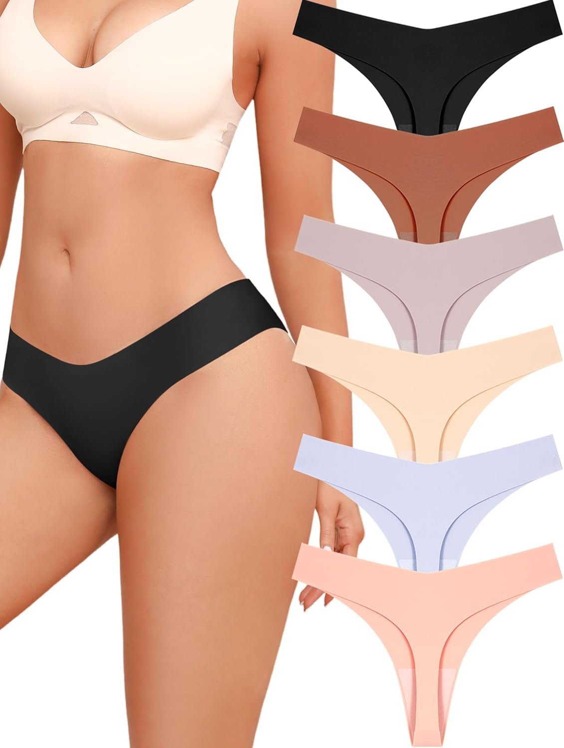 ALL OF SHE Seamless Thongs for Women No Show V-waisted Invisible Sexy Panties Tangas Thong Underwear Women 6 Pack