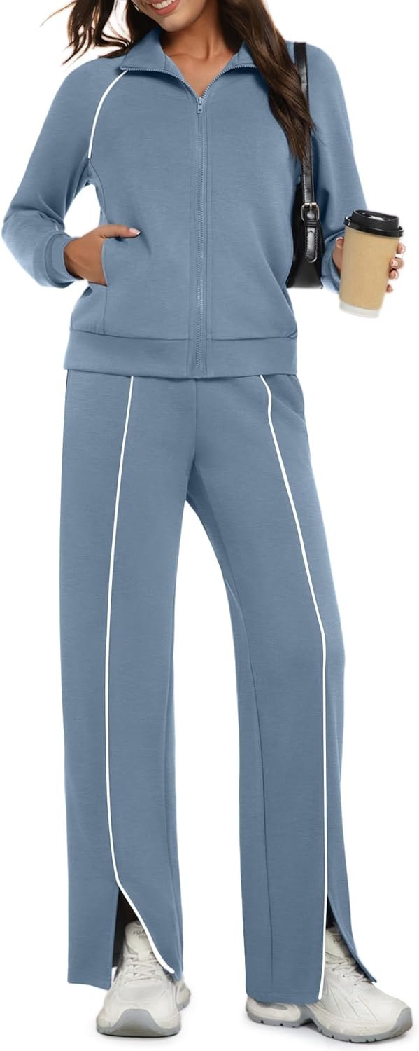 Casly Lamiit Womens 2 Piece Outfits 2025 Fall Casual Zip Up Sweatsuits Lounge Set Travel Wide Leg Pants Striped Tracksuit
