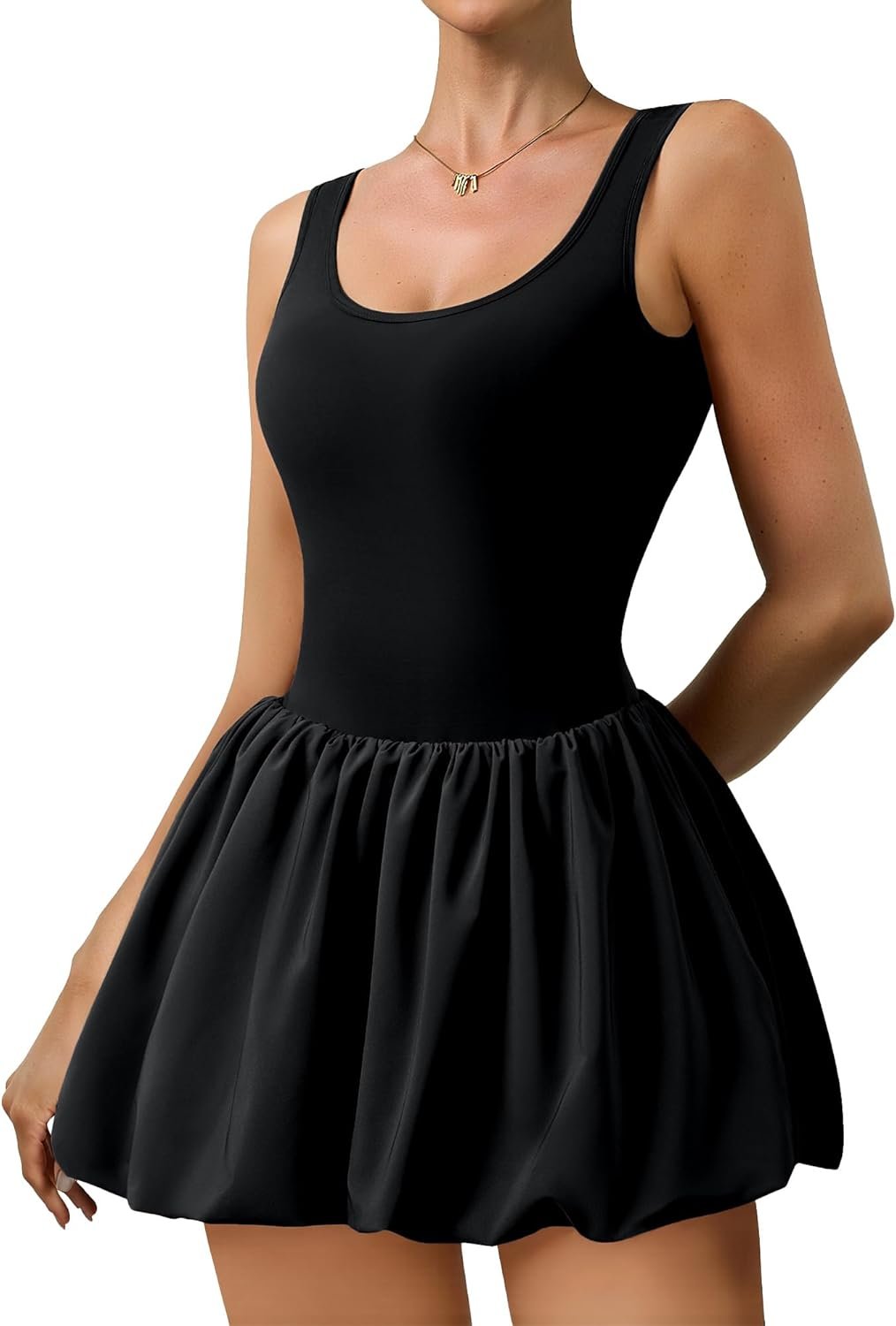 Athletic Dress for Women Bubble Hem Tennis Dress with Pockets U Neck Sleeveless Dress with Built in Shorts