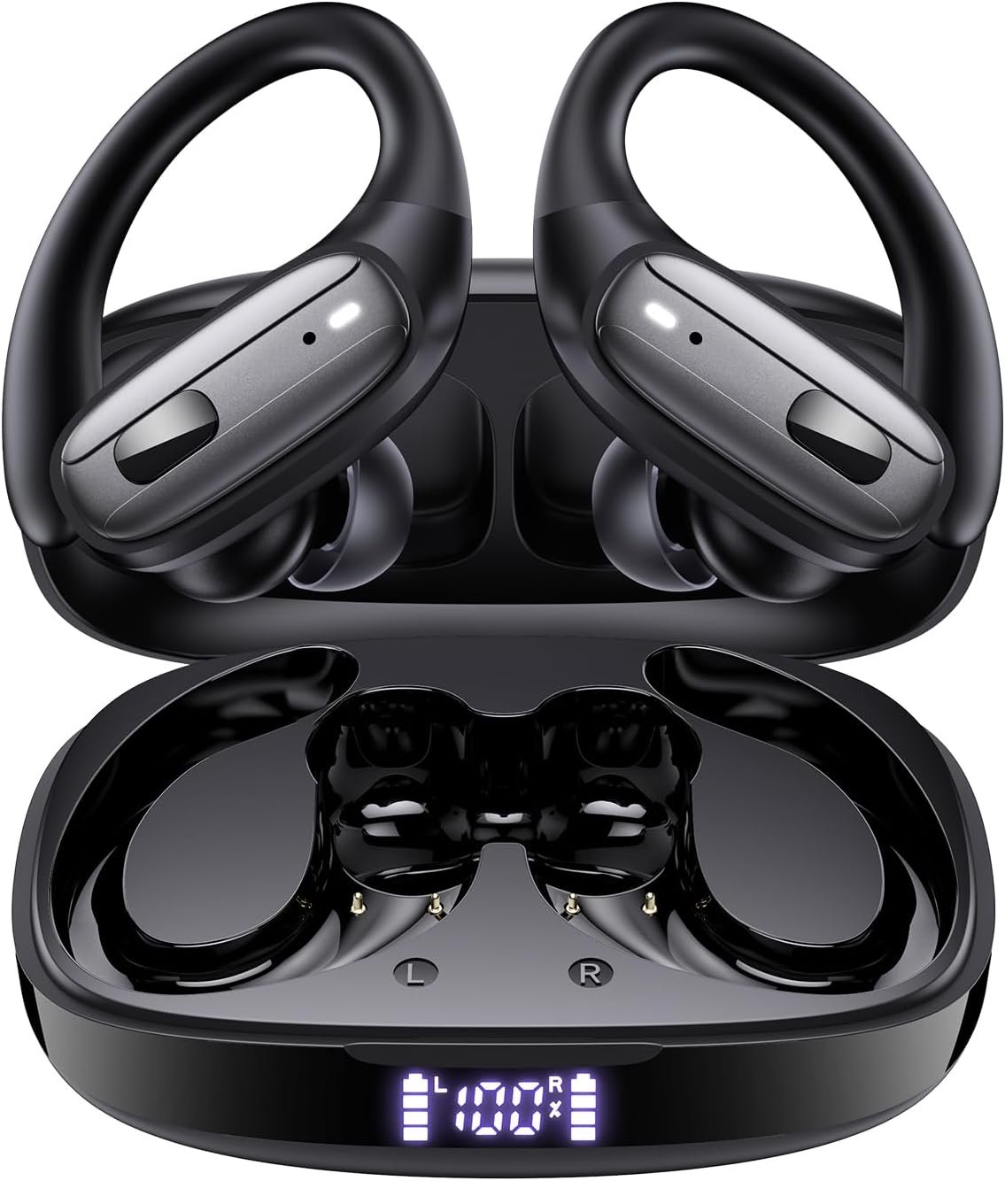 LEEMC Wireless Earbuds, Bluetooth Headphones 5.4, 80Hr Playtime Ear Buds with Hooks for Sports, Noise Canceling, LED Display, IPX7 Waterproof Earphones for Workout Running, JetBlack