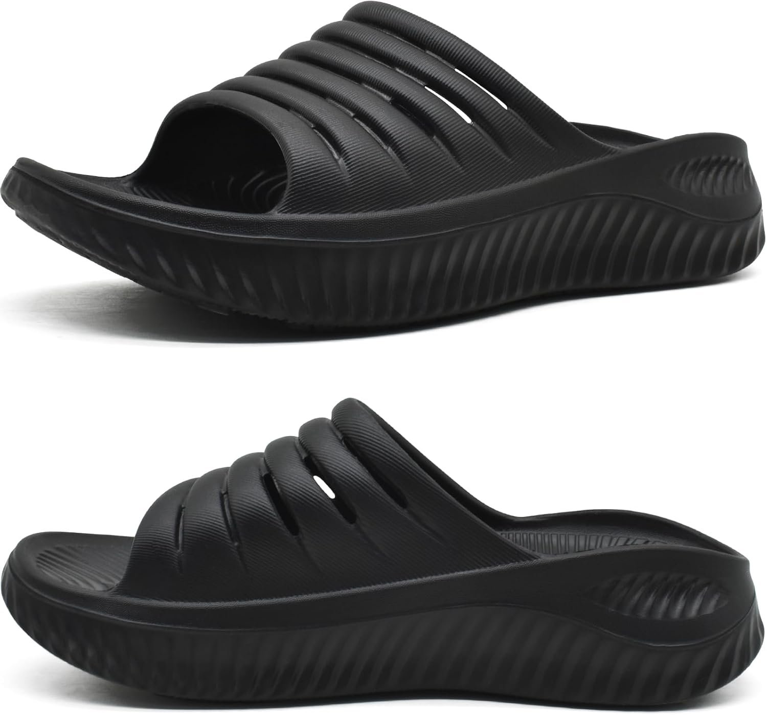 KuaiLu Womens Recovery Sandals Comfortable Plantar Fasciitis Arch Support Ladies Orthopedic Slip On Running Sport Walking Slides Thick Athletic Cushion Slippers Summer Outdoor Sliders Black Size 7