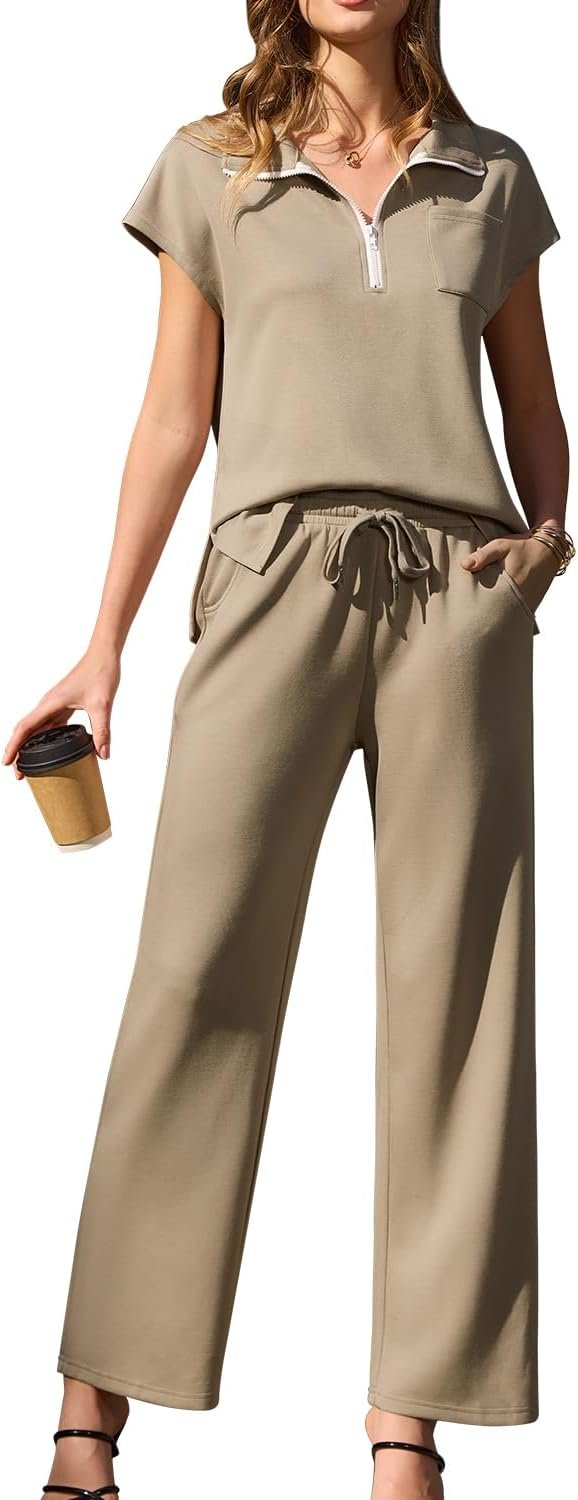 difficort Womens Two Piece Outfits Summer Cap Sleeve Lapel Half Zip Sweatshirts Wide Leg Pants Tracksuits Lounge Set