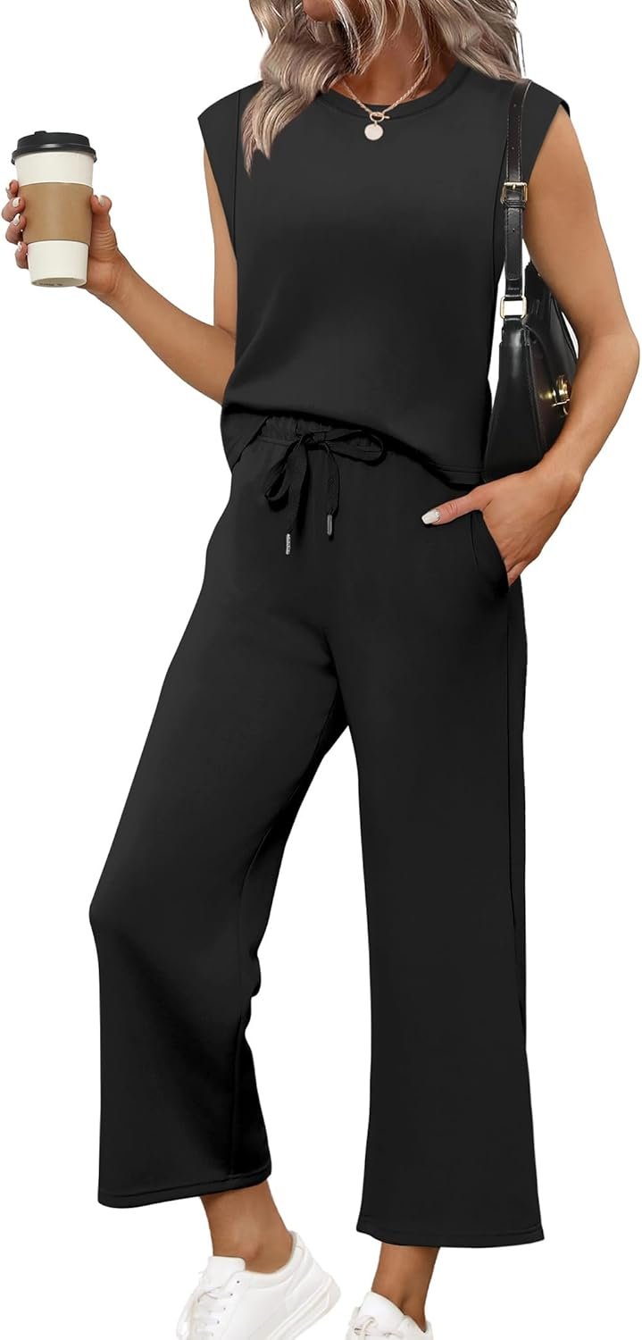 SAMPEEL Two Piece Sets for Women Casual Travel Vacation Outfits Summer Wide Leg Crop Pants Lounge Sets