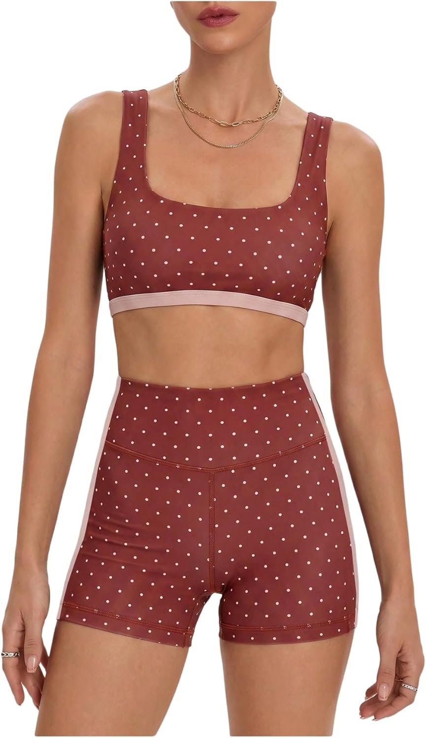 Milumia Women’s Polka Dots Workout Set 2 Piece Color Block Bra Tank High Waisted Biker Shorts Layered Matching Yoga Outfit