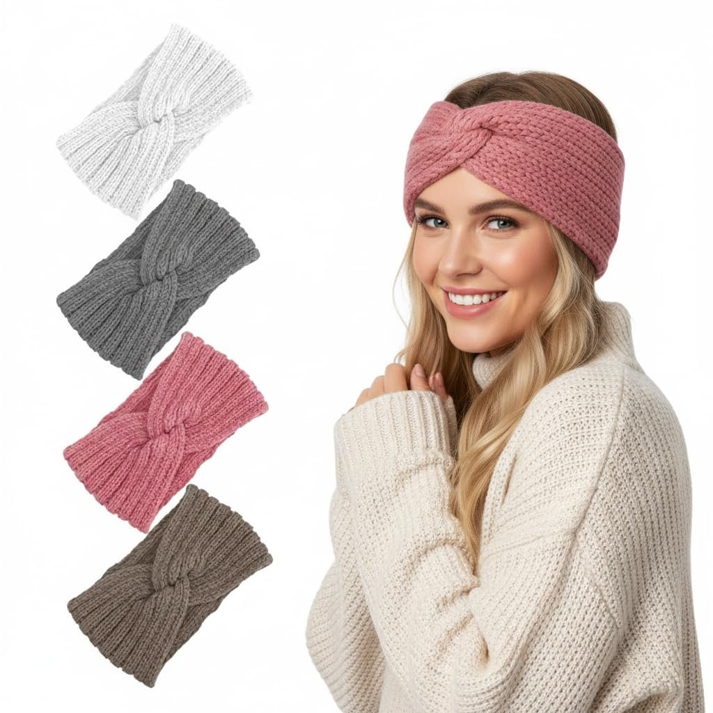 obeoby 4 Pcs Winter Headband Ear Warmers for Snowy Day, Knit Wide Headbands Chunky Thick Head Wrap for Women Girls Winter Gifts