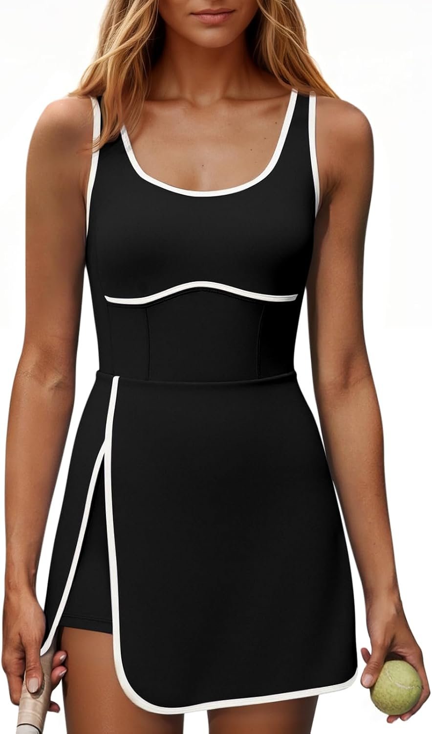 Fisoew Womens Workout Tennis Dress with Built-in Bra & Shorts Pockets Sleeveless Cutout Golf Athletic Mini Dresses