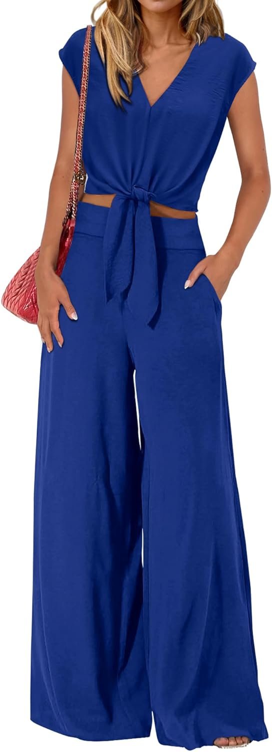 PRETTYGARDEN Women’s Summer 2 Piece Outfits 2026 Cap Sleeve V Neck Belted Crop Tops Wide Leg Pant Sets Casual Tracksuit