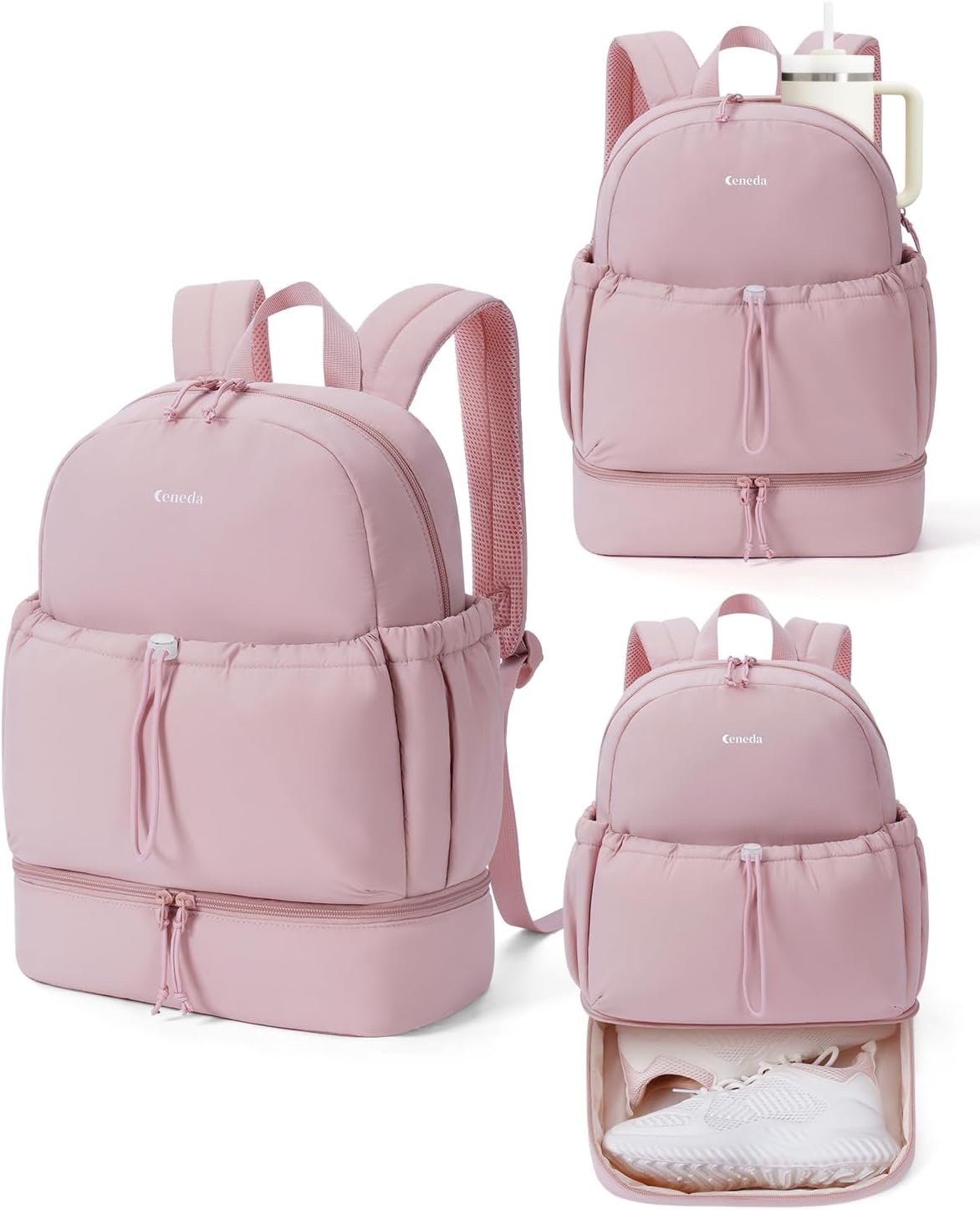 Ceneda Gym Backpack for Women, Cute Gym Bag with Shoe Compartment, Wet Pocket & Cup Holder, Puffer Dance Cheer Backpack