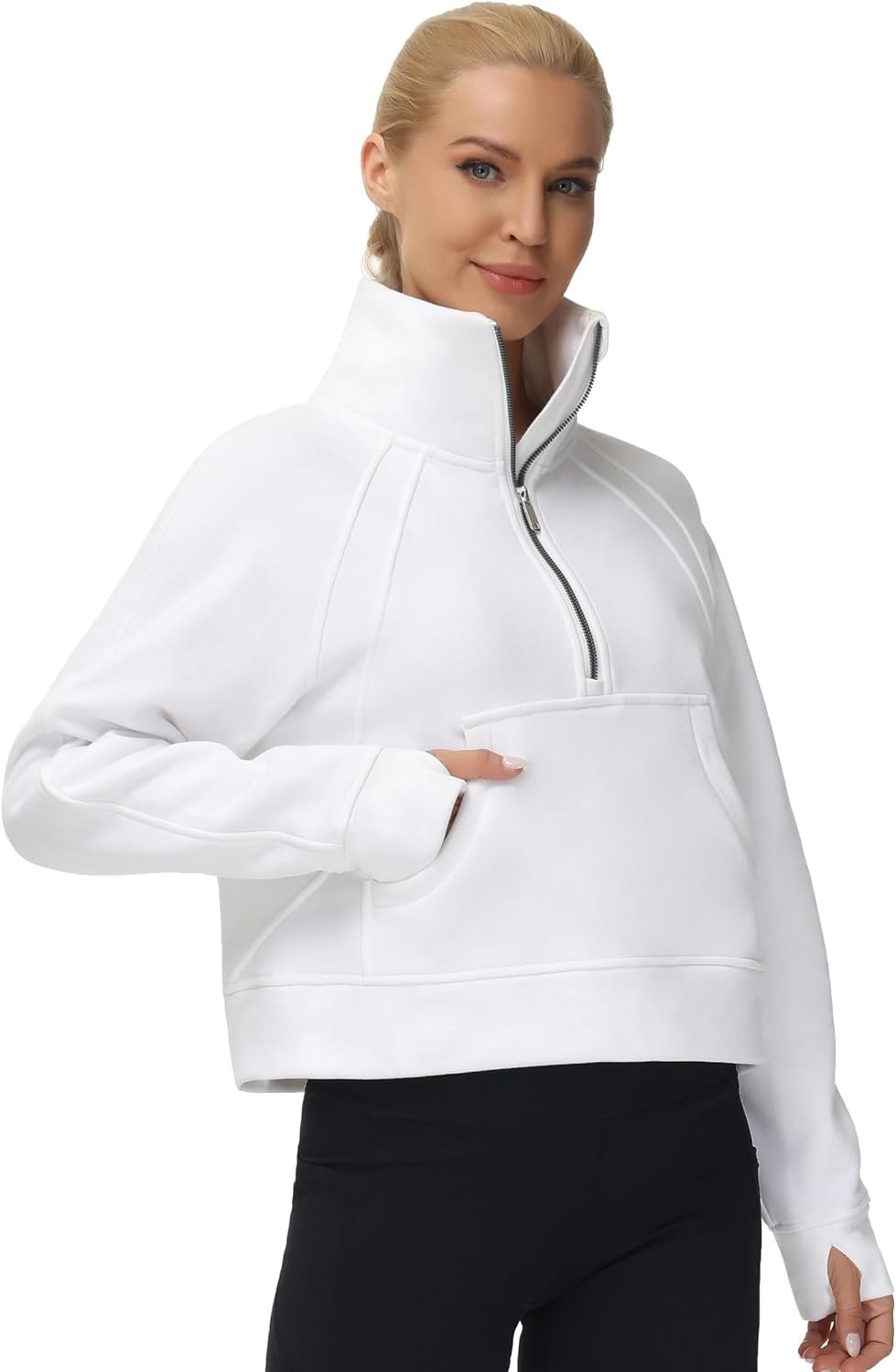 THE GYM PEOPLE Womens’ Half Zip Pullover Fleece Stand Collar Crop Sweatshirt with Pockets Thumb Hole