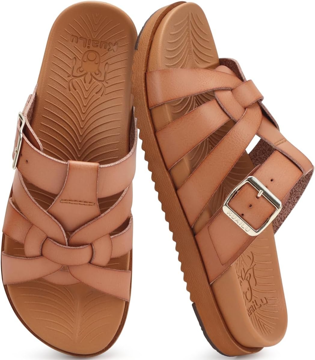 KuaiLu Gladiator Sandals for Women with Comfortable Arch Support Summer Beach Vacation Walking Travel Fisherman Slides Boho Outfits Flats Slip on Cushion Shoes Indoor Outdoor