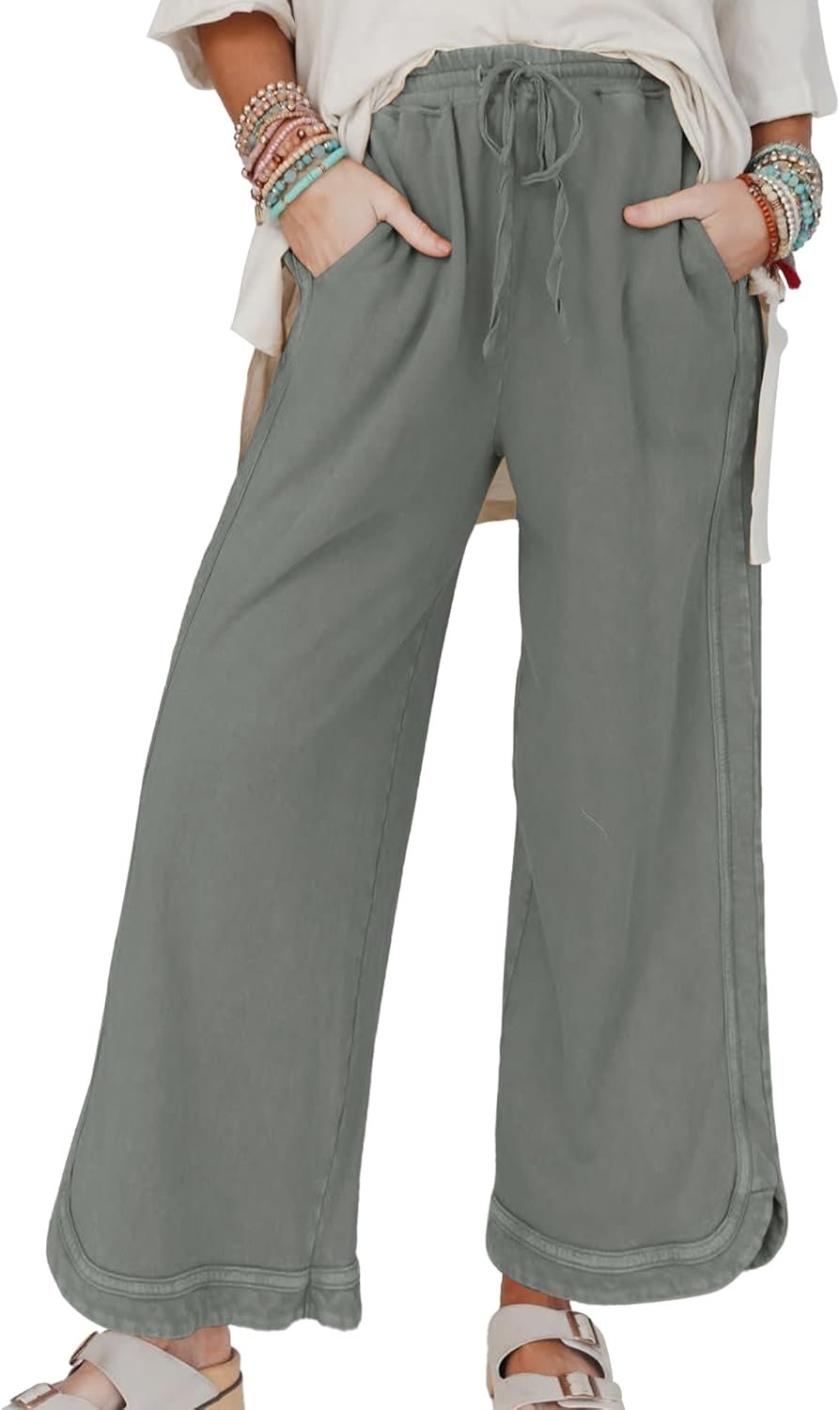 Hixiaohe Women’s Casual Wide Leg Sweatpants High Waist Baggy Acid Wash Pants Drawstring Athletic Palazzo Pants with Pockets
