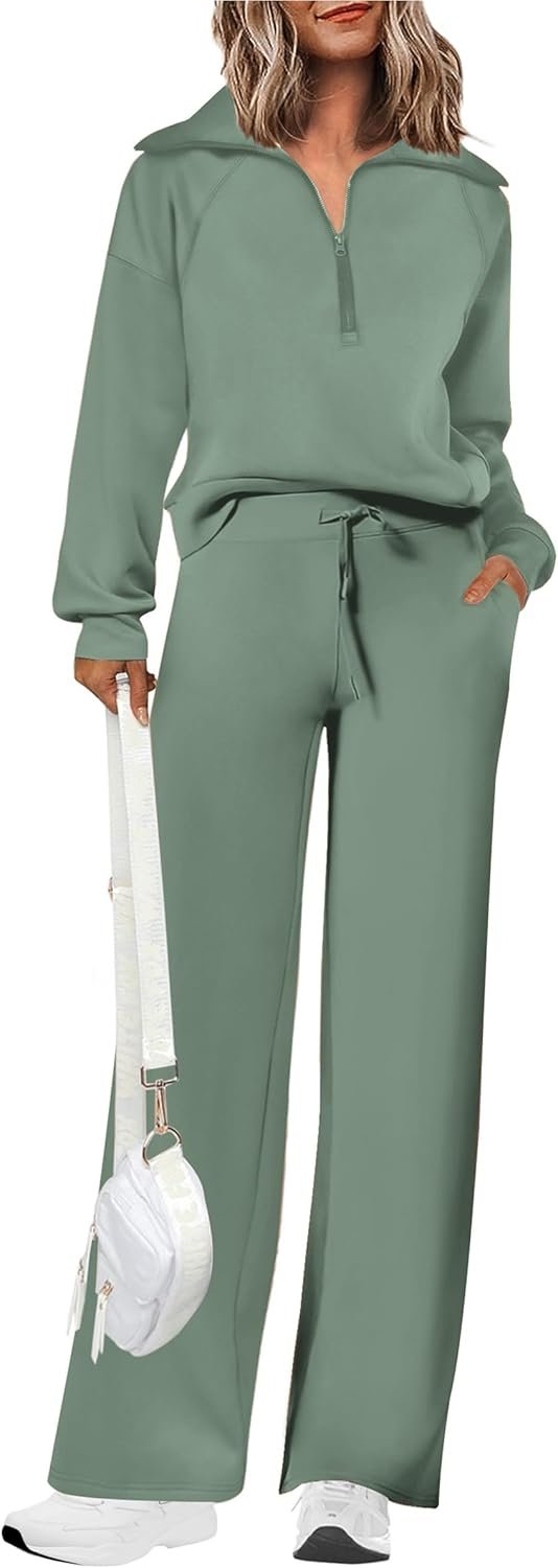 PRETTYGARDEN Women’s 2 Piece Outfits Casual Lapel Half Zip Sweatshirts and Wide Leg Pants Tracksuit Sets