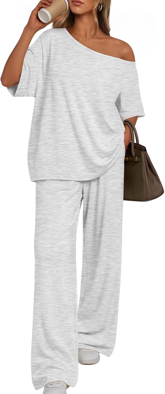 Trendy Queen Womens 2 Piece Lounge Sets Airport Travel Casual Outfits Off Shoulder Oversized Tshirts and Wide Leg Pants 2026