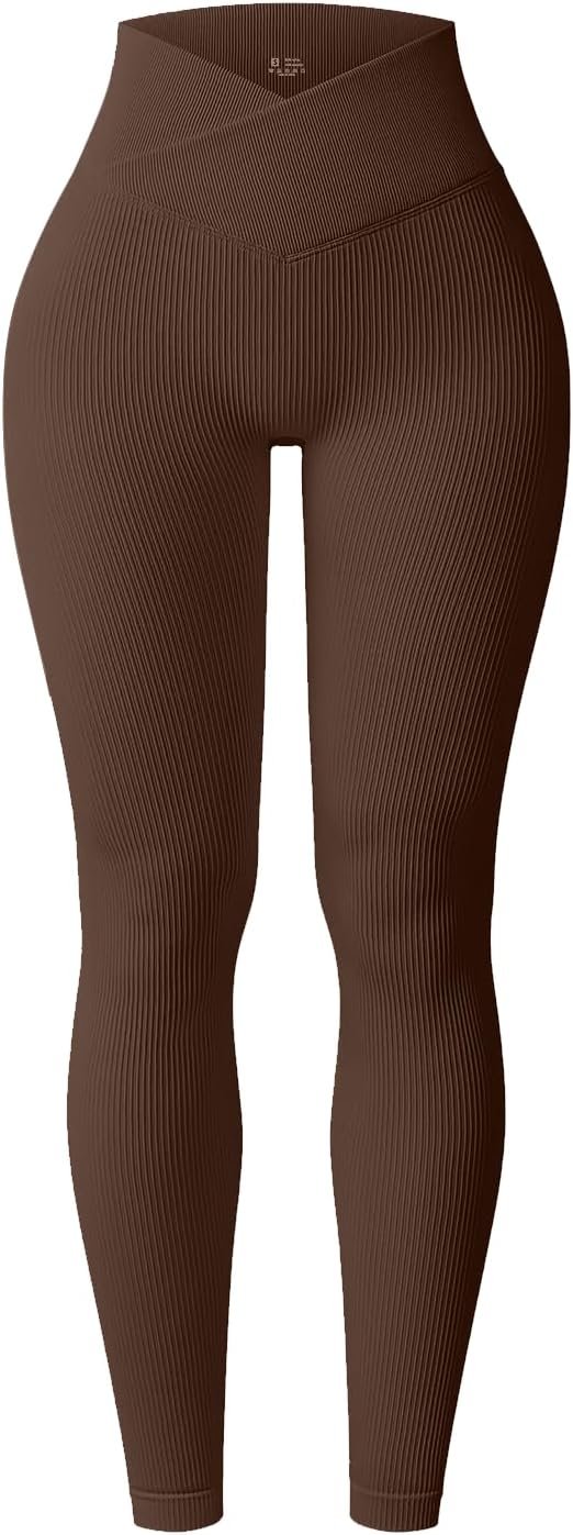 YOAKUKA Yoga Ribbed Leggings for Women High Waisted Tummy Control Seamless Butt Lifting Crossover Workout Gym Athletic Pants