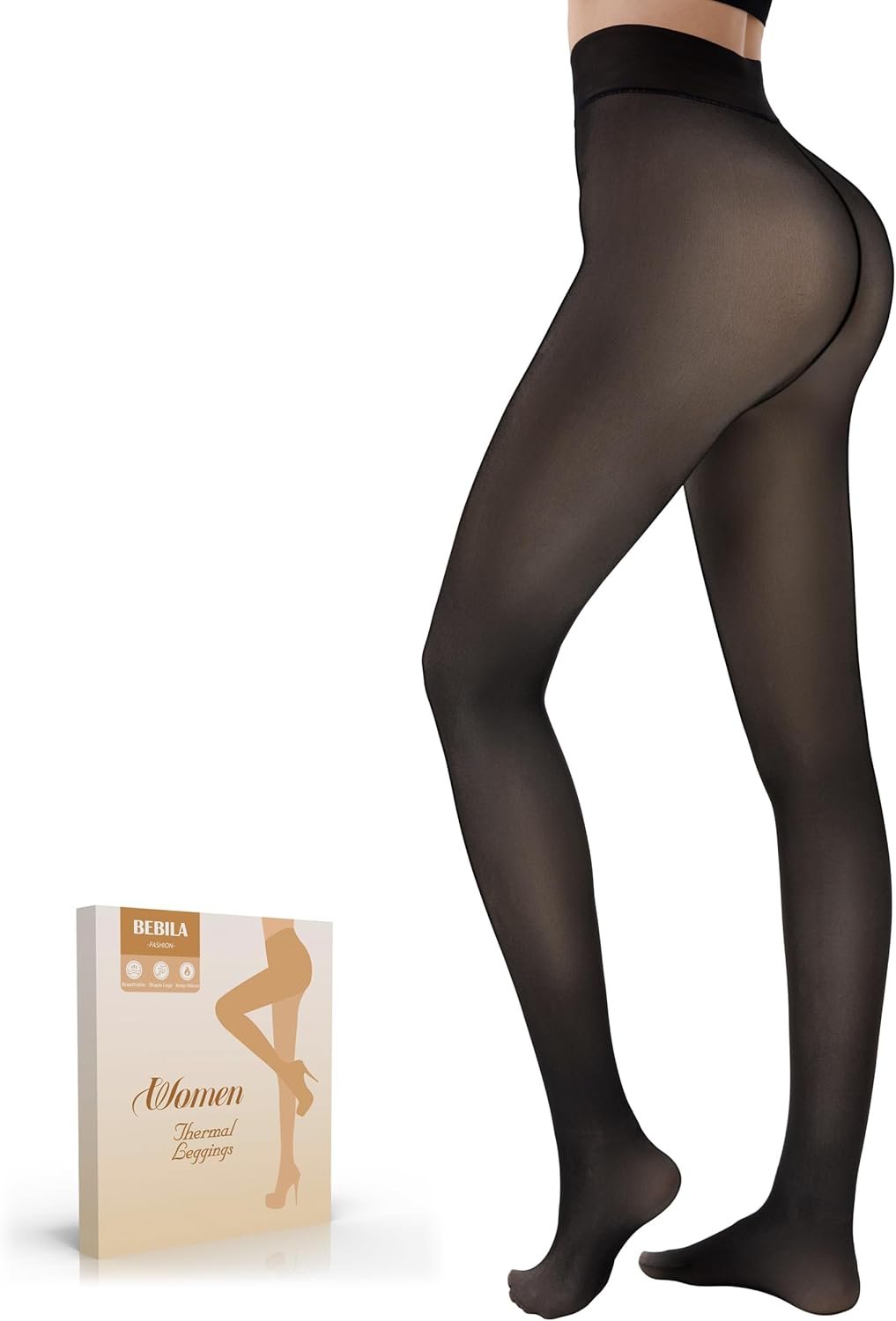 Bebila Fleece Lined Tights Women, Fake Translucent Warm Tights for Winter Sheer Pantyhose Thermal Leggings