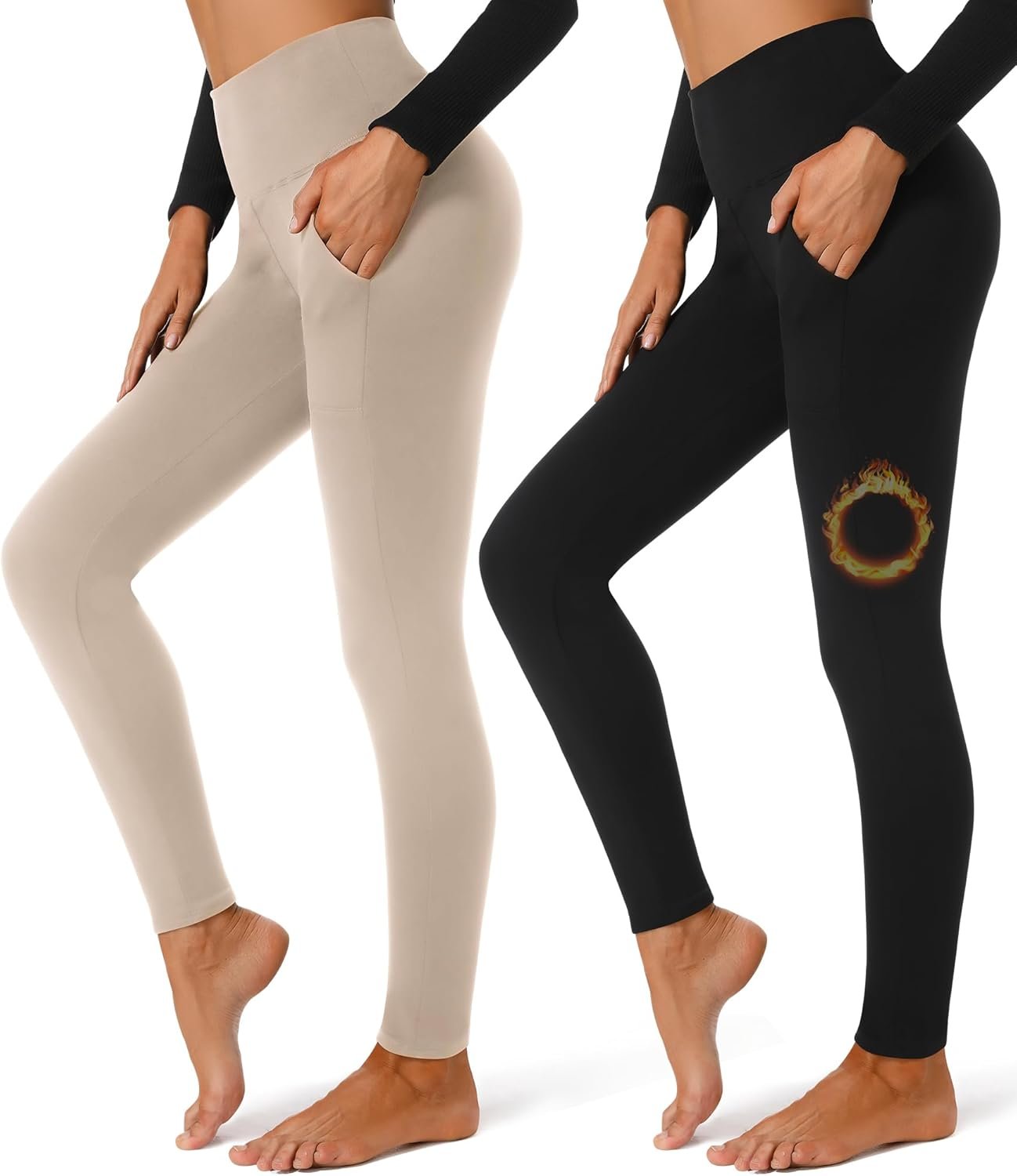 FULLSOFT 2 Pack Fleece Lined Leggings with Pockets for Women High Waisted Thermal Winter Yoga Pants for Workout Running