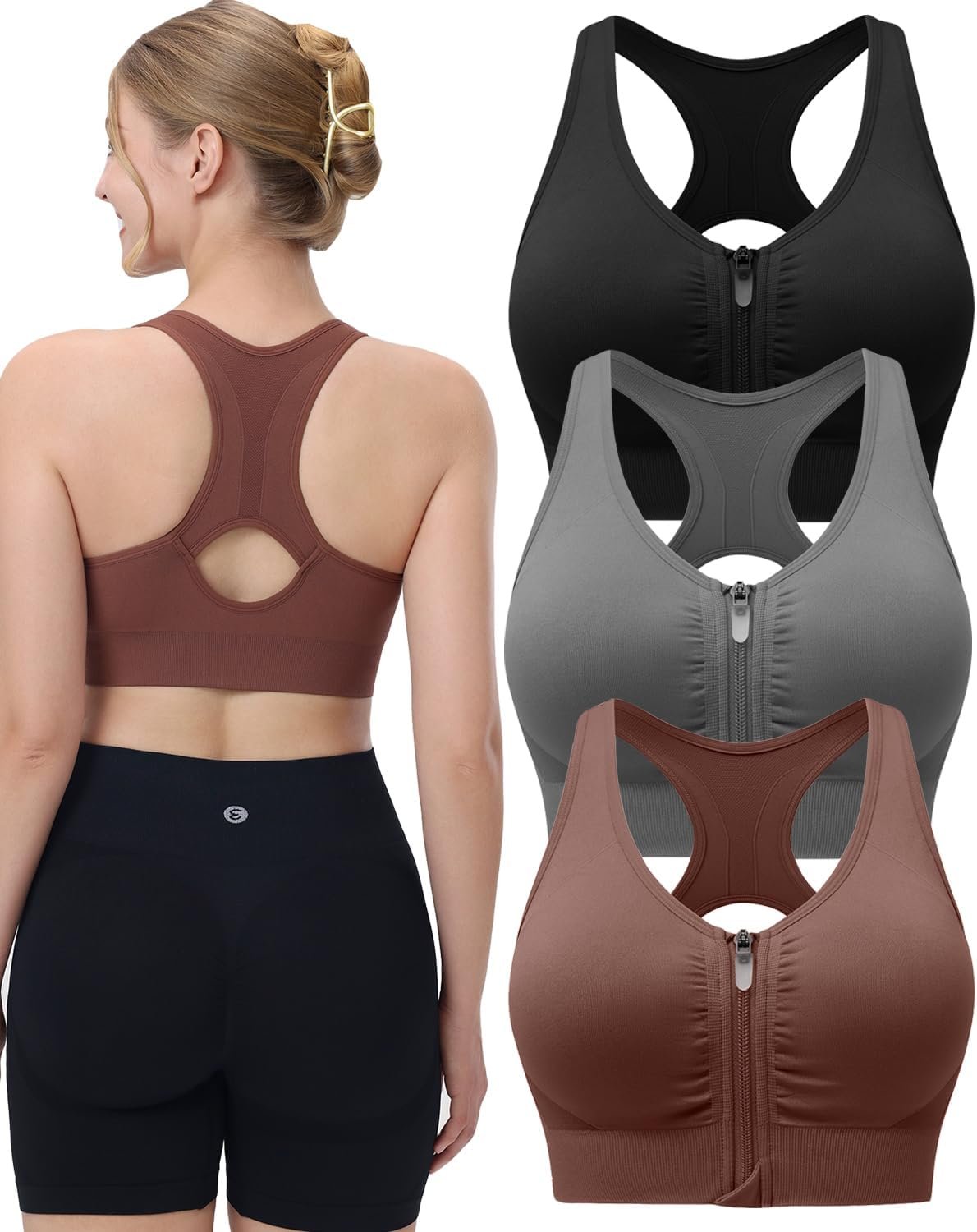 Evercute Women’s Zip Front Sports Bras Wireless Padded Racerback Medium Support Post-Surgery Bra Yoga Exercise Athletic Bras