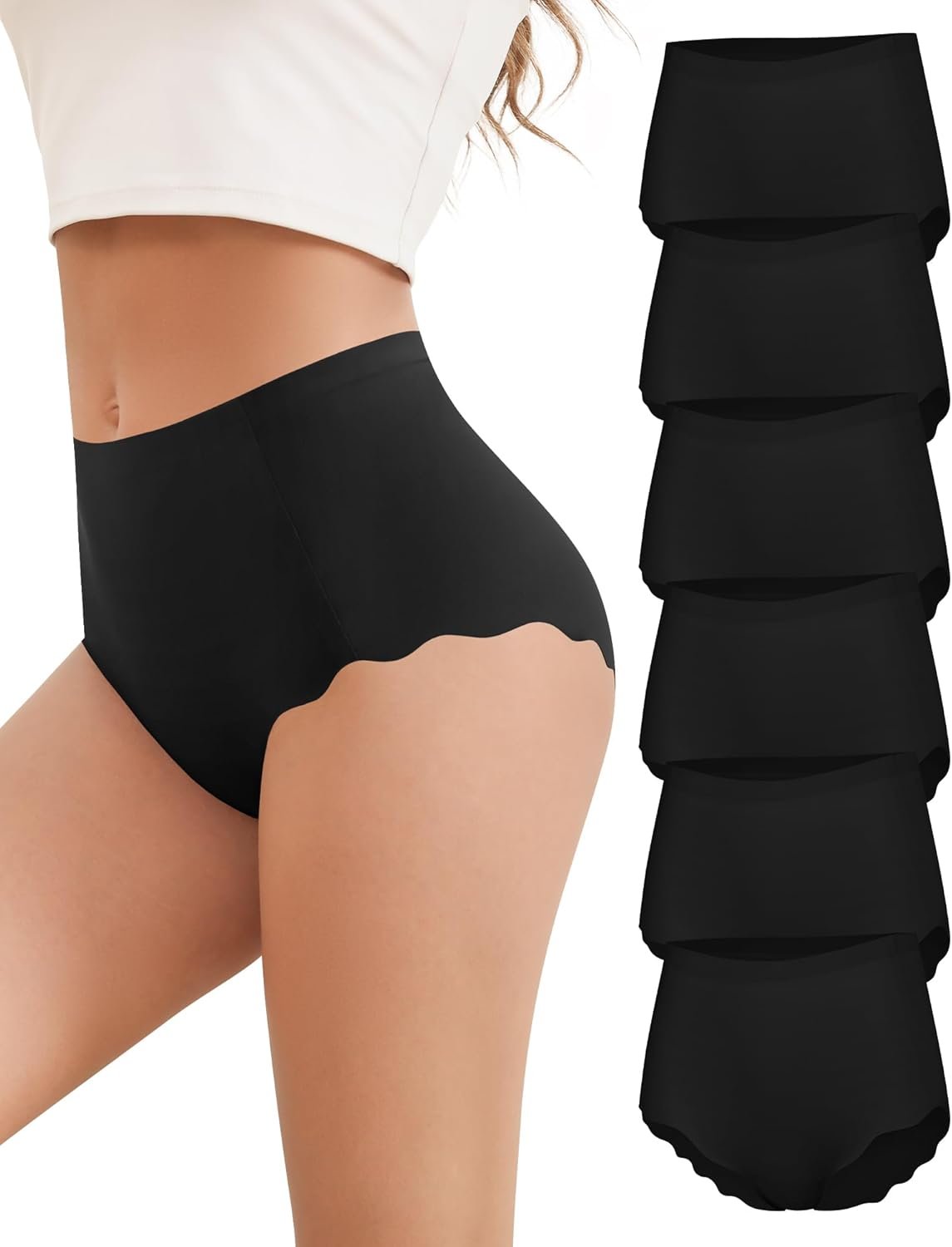 Cevapro Seamless Underwear for Women, High Waisted Women’s Panties with Wave Edge No Show Full Coverage Ladies Briefs 6 Pack