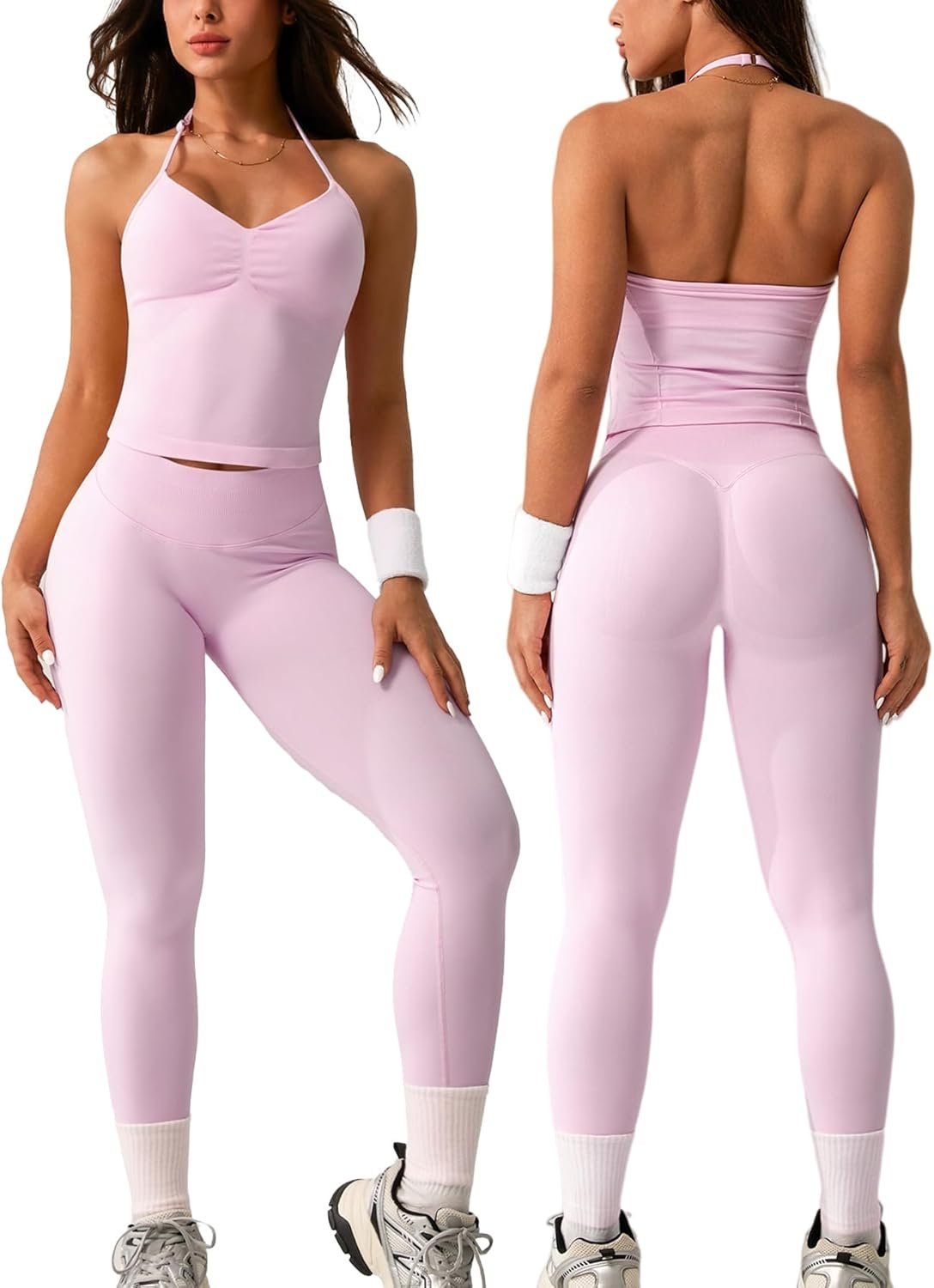 2 Piece Ribbed Seamless Workout Sets for Women No Front Seam High Waisted Yoga Leggings & Adjustable Halter Bra Work Out Set