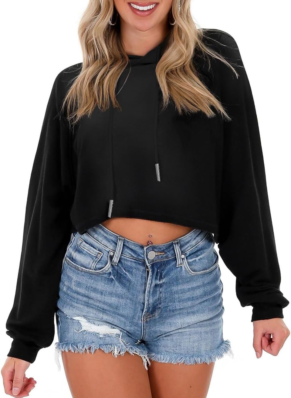 Women’s Drawstring Cropped Hoodie Casual Hoodies for Women Workout Crop Tops Sweatshirt Long Sleeve Crop Top