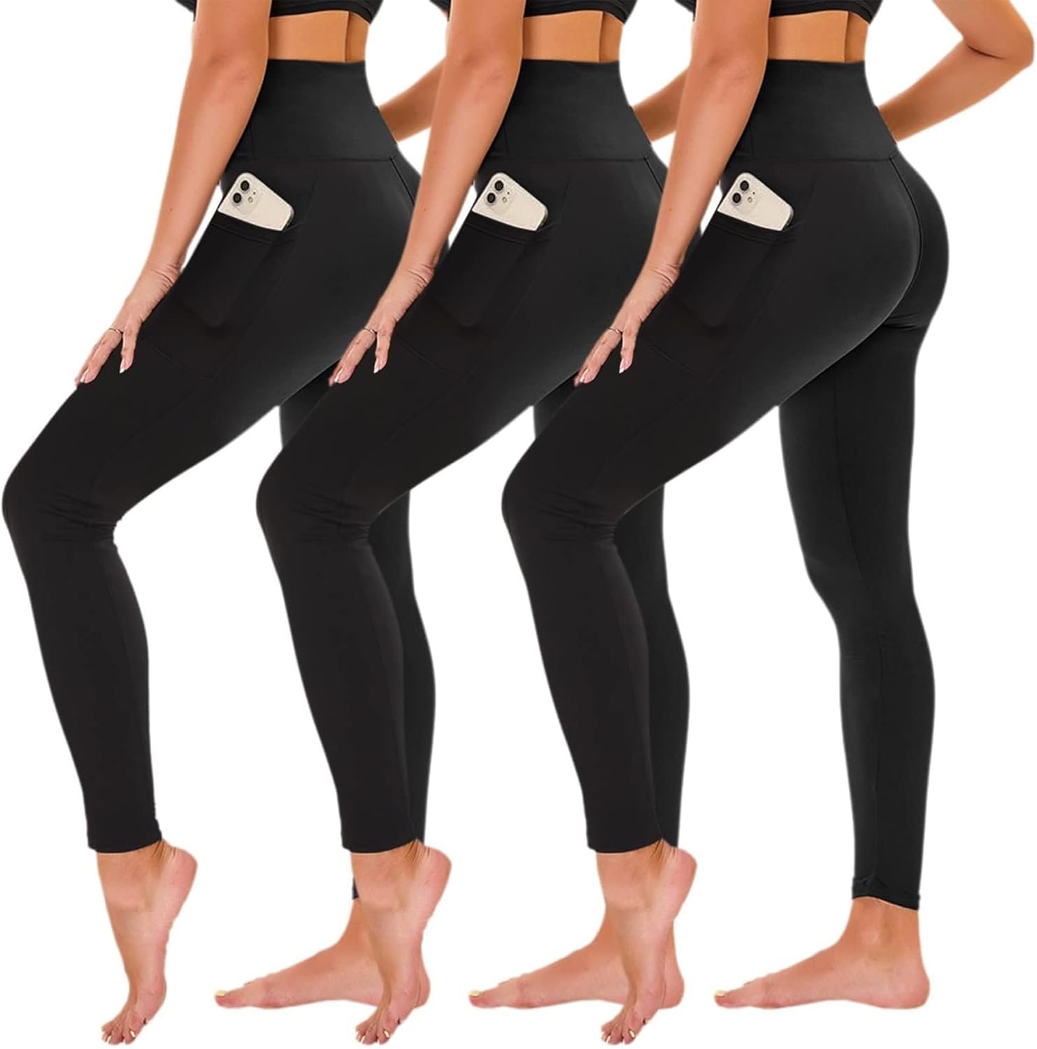 TNNZEET 3 Pack Leggings for Women – Black Tummy Control High Waisted Soft Yoga Pants for Workout Gym Running with Pockets