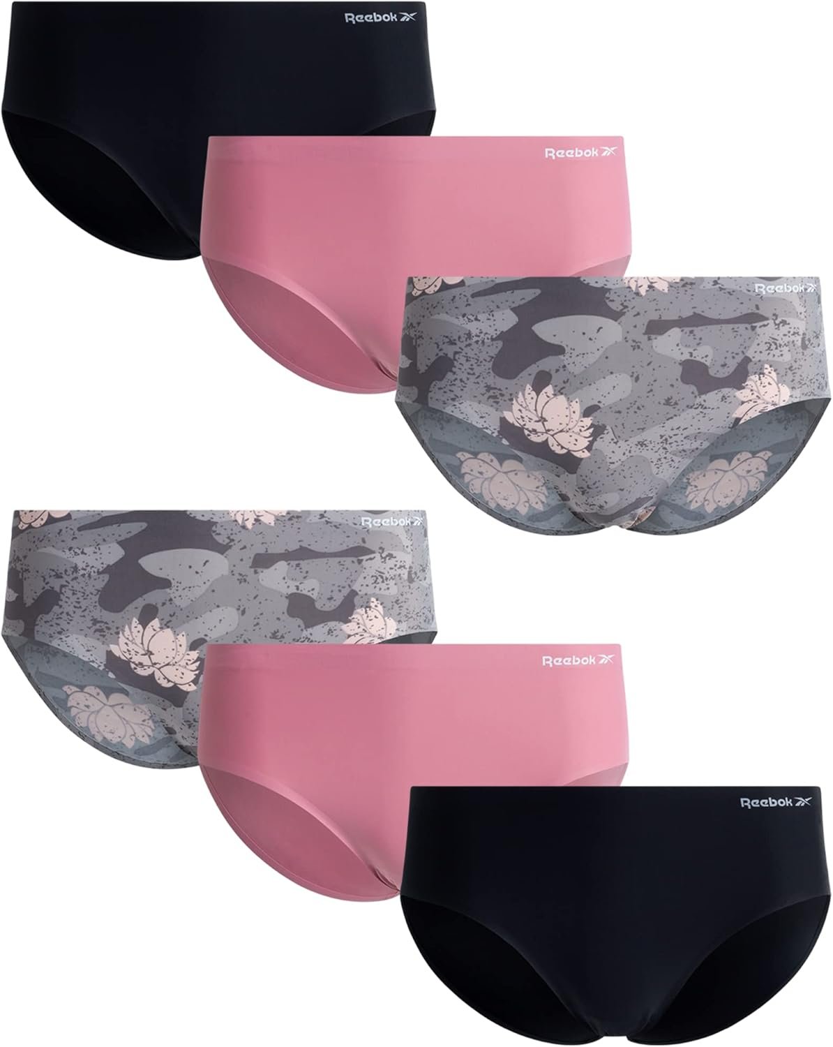 Reebok Womens Hipster Underwear – 6 Pack Soft Stretch Performance No Show Briefs Hipster Panties Seamless Underwear for Women